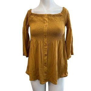 Juniors Medium Belle Sleeve Elastic Top Gold Baby Doll Blouse Off Shoulder NWT